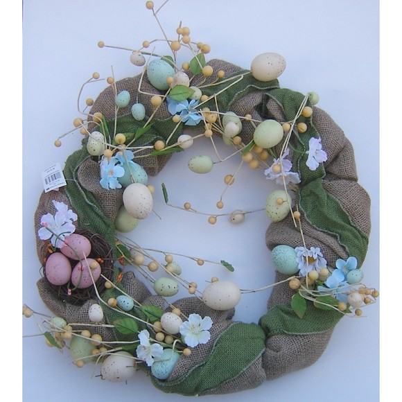 Easter Wreath Burlap Eggs Nest Spring Flowers Natural Country Front Door Decor - Picture 7 of 9